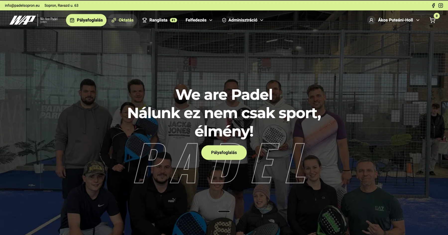 Padel Sopron booking platform homepage